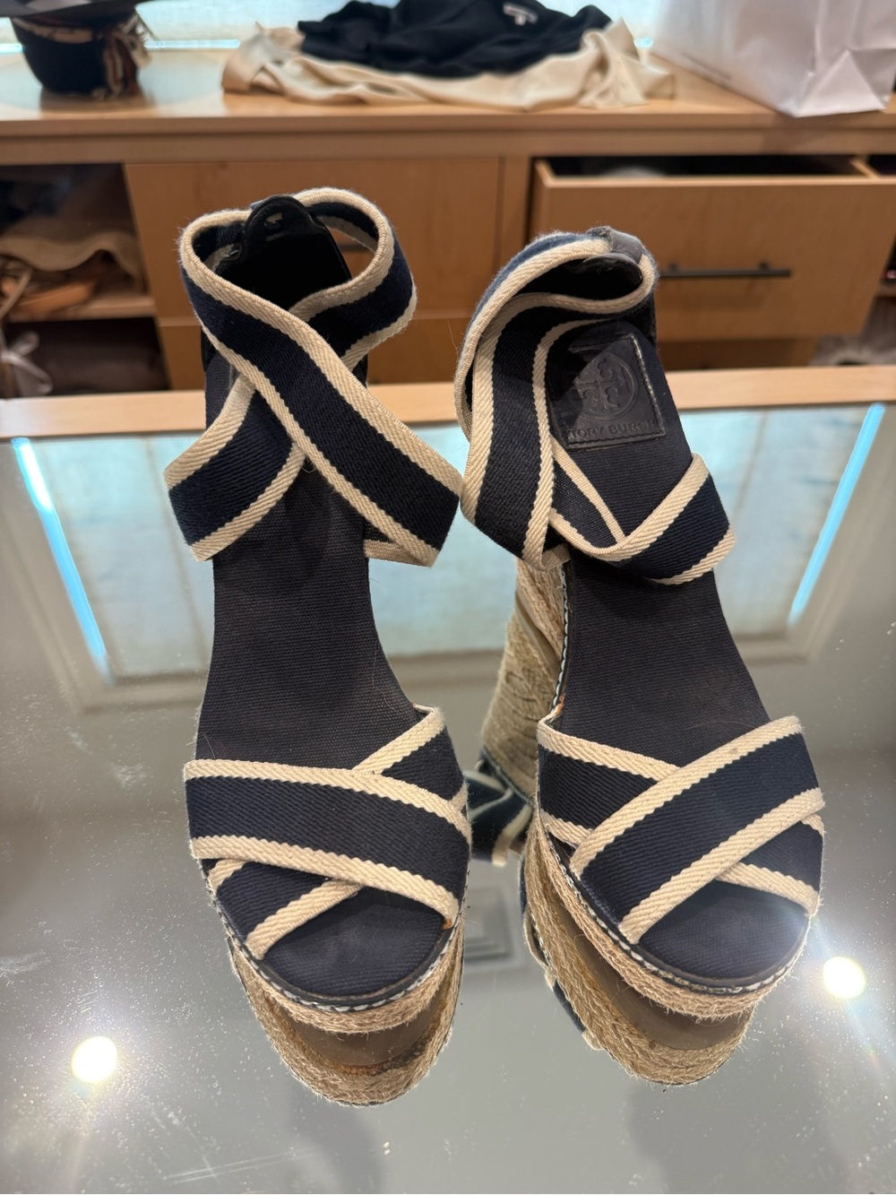 Tory Burch Black and Cream Espadrille Platform Wedges